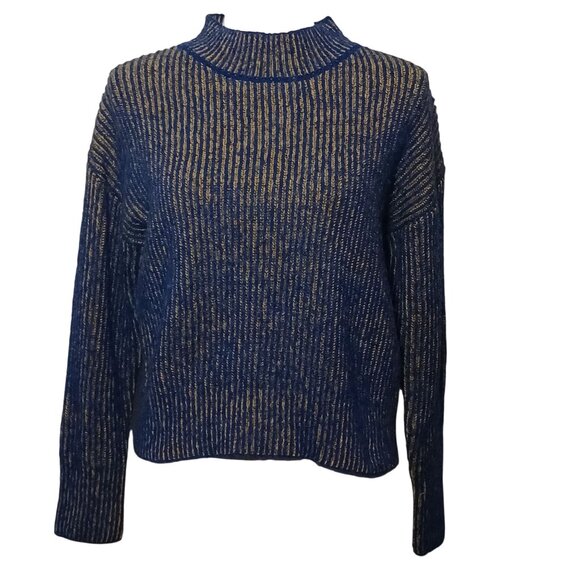 Lush Royal Blue/Yellow Ribbed Mock Neck Knit Cropped Sweater Size S - Picture 1 of 9